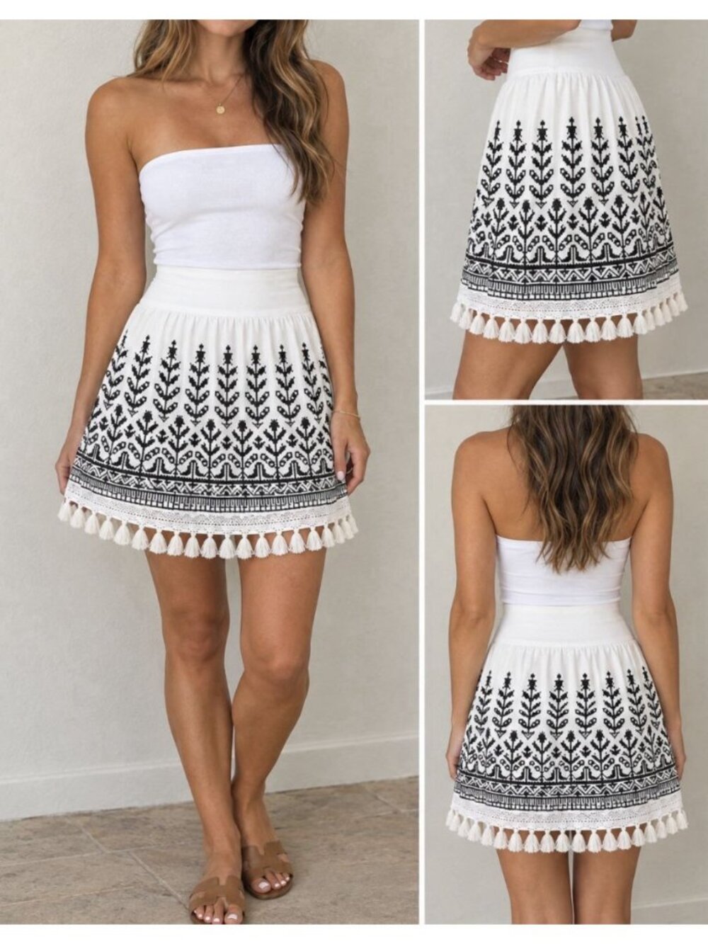 Tribal Brand Tassel Skirt Womens Small White Black Embroidered Pull On Lined NEW